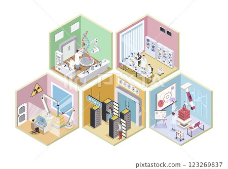 Laboratory 3d isometric rooms concept in isometry graphic design for web. People doing research in genetics, pharmaceutical and physics departments, using data center servers. Vector illustration. 123269837
