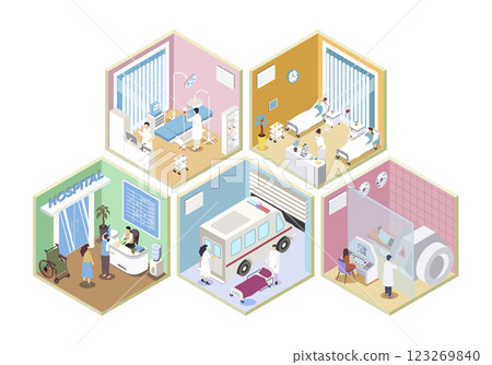Hospital 3d isometric rooms concept in isometry graphic design for web. People registering at clinic reception, doctors work at surgery, patients at wards, MRI service cabinet. Vector illustration. Hospital 3d isometric rooms concept in isometry graphic design for web. People registering at clinic reception, doctors work at surgery, patients at wards, MRI service cabinet. Vector illustration. 123269840