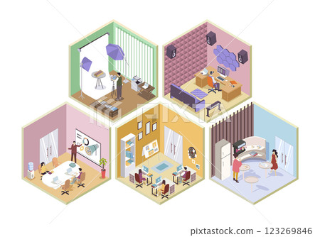 Designer studio 3d isometric rooms concept in isometry graphic design for web. People doing branding photos, audio editing, brainstorming at conference hall, relaxing at kitchen. Vector illustration. Designer studio 3d isometric rooms concept in isometry graphic design for web. People doing branding photos, audio editing, brainstorming at conference hall, relaxing at kitchen. Vector illustration. 123269846