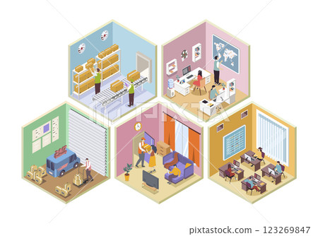 Delivery company 3d isometric rooms concept in isometry graphic design for web. People working in logistic company, managing courier shipping, loading parcel boxes in warehouse. Vector illustration. 123269847