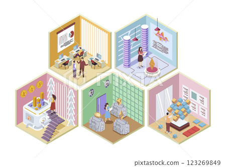 Cryptocurrency market 3d isometric rooms concept in isometry graphic design for web. People working in abstract crypto farms with blockchain, making analytics, trading bitcoins. Vector illustration. Cryptocurrency market 3d isometric rooms concept in isometry graphic design for web. People working in abstract crypto farms with blockchain, making analytics, trading bitcoins. Vector illustration. 123269849