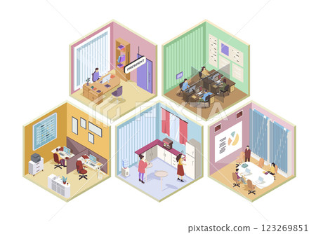 Call center 3d isometric rooms concept in isometry graphic design for web. People working as operators at workplaces, president in his office, team meeting, employees at kitchen. Vector illustration. 123269851
