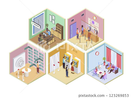 Bank 3d isometric rooms concept in isometry graphic design for web. People waiting in line to cash register desk, managers consulting clients in office, visitors get cash at atm. Vector illustration. 123269853