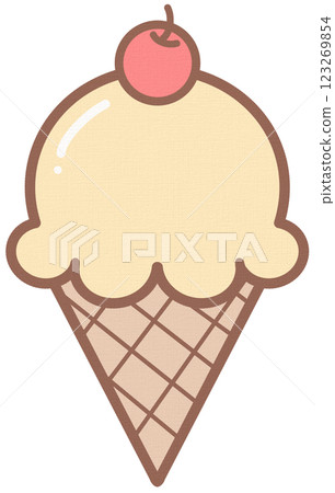 Cute Vanilla Ice Cream waffle cone with cherry topping 123269854