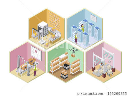 Automated industry 3d isometric rooms concept in isometry graphic design for web. People working in conveyor lines with robotic arms on packing boxes, controlling at server racks. Vector illustration. Automated industry 3d isometric rooms concept in isometry graphic design for web. People working in conveyor lines with robotic arms on packing boxes, controlling at server racks. Vector illustration. 123269855
