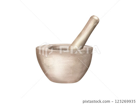 Watercolor empty stone mortar with pestle illustration. Kitchen granite utensil for cooking, grinding spices, herbs. Grind in porcelain bowl for cook book design, homeopathic recipe decor Watercolor empty stone mortar with pestle illustration. Kitchen granite utensil for cooking, grinding spices, herbs. Grind in porcelain bowl for cook book design, homeopathic recipe decor 123269935