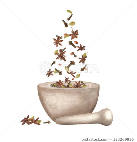 Cardamom, star anise, clove falling in granite bowl Watercolor illustration. Flying winter spices ready for grinding with pestle and mortar. Aroma ingredients for Xmas drinks and bakery. Organic food 123269936