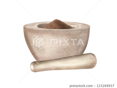 Pile of crushed brown spices in stone mortar and granite pestle lying nearby watercolor illustration isolated background. Aromatic seasoning for cooking, drink prepare, homeopathic recipes. Pile of crushed brown spices in stone mortar and granite pestle lying nearby watercolor illustration isolated background. Aromatic seasoning for cooking, drink prepare, homeopathic recipes. 123269937
