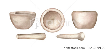 Watercolor empty granite mortars with pestles clip art illustration. Front and top view. Kitchen stone utensil set for crashing spices. Grinds and porcelain bowls for cook book, homeopathic recipe 123269938