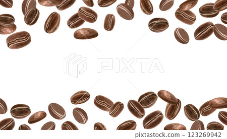 Dark roasted Arabica or Robusta coffee beans watercolor horizontal frame with empty space for text. Aroma ingredient for morning drinks illustration isolated background. For package, menu design Dark roasted Arabica or Robusta coffee beans watercolor horizontal frame with empty space for text. Aroma ingredient for morning drinks illustration isolated background. For package, menu design 123269942