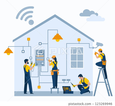 Electricians repair electrical wiring in a home and install motion and temperature sensors to manage energy in the home 123269946