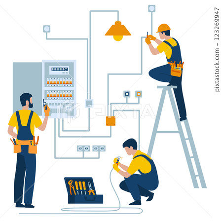 Electricians repair sockets and wiring in the house and install sensors to manage energy in the home 123269947