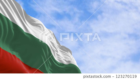 Close-up of Bulgaria national flag waving in the wind Close-up of Bulgaria national flag waving in the wind 123270119