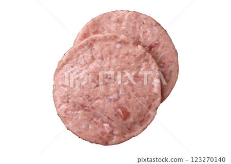 Raw chicken burger cutlet with salt, spices and herbs 123270140