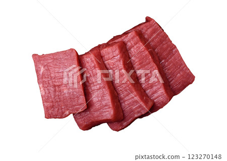 Juicy raw beef cut into slices with salt and spices Juicy raw beef cut into slices with salt and spices 123270148