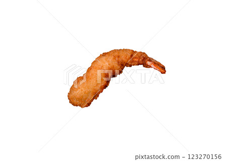 Hot crispy shrimp breaded with salt and spices with white sauce Hot crispy shrimp breaded with salt and spices with white sauce 123270156