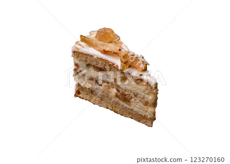 Layered sweet cake with cream, pear and dorblu cheese Layered sweet cake with cream, pear and dorblu cheese 123270160
