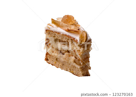 Layered sweet cake with cream, pear and dorblu cheese 123270163