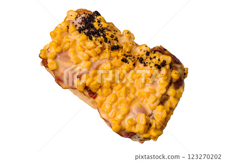 Sandwich with brioche, meat, melted cheese, corn, salt, spices and herbs 123270202