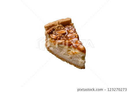 Delicious fresh cheesecake caramel peanut cake with cream and nuts 123270273
