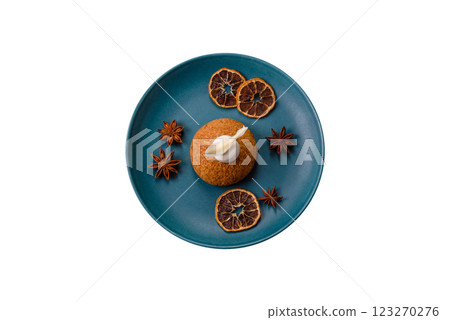 Delicious sweet shu cake with cream and nuts Delicious sweet shu cake with cream and nuts 123270276