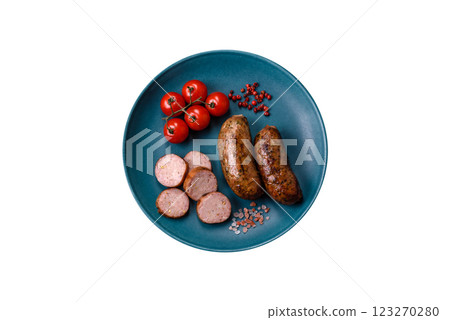 Juicy sausages with salt, spices and herbs Juicy sausages with salt, spices and herbs 123270280