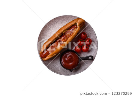 Hotdog with grilled sausage with bacon and mushrooms Hotdog with grilled sausage with bacon and mushrooms 123270299