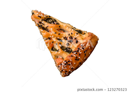 Pieces of quiche with salmon, spinach or broccoli, salt and spices 123270323