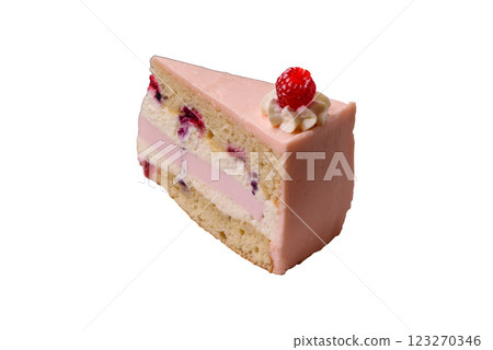 Piece of sweet cake with pink cream with raspberry flavor, with shortbread, cheesecake Piece of sweet cake with pink cream with raspberry flavor, with shortbread, cheesecake 123270346