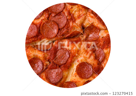 Pepperoni pizza with sausage, mozzarella cheese, tomatoes, salt and spices 123270415