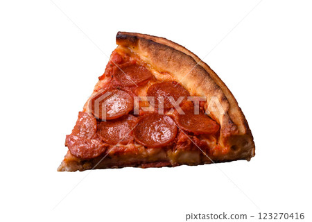 Pepperoni pizza with sausage, mozzarella cheese, tomatoes, salt and spices Pepperoni pizza with sausage, mozzarella cheese, tomatoes, salt and spices 123270416