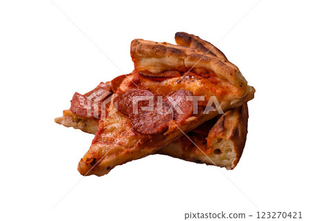 Pepperoni pizza with sausage, mozzarella cheese, tomatoes, salt and spices Pepperoni pizza with sausage, mozzarella cheese, tomatoes, salt and spices 123270421
