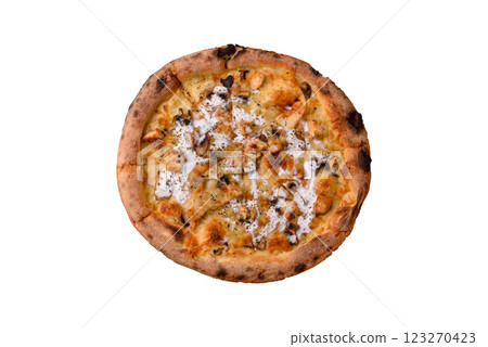 Creamy pizza with truffle cheese, mozzarella, chicken and mushrooms 123270423
