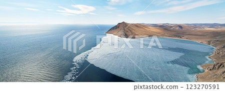 Panorama of Lake Baikal in spring, at the time of melting ice.  123270591