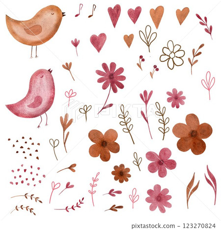 Children's set of design elements - birds, flowers, hearts, sprigs, musical notes. Pink and brown watercolor and digital illustrations for design 123270824