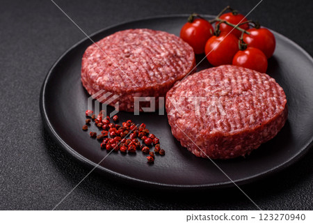 Fresh raw ground beef burger patty with salt and spices Fresh raw ground beef burger patty with salt and spices 123270940