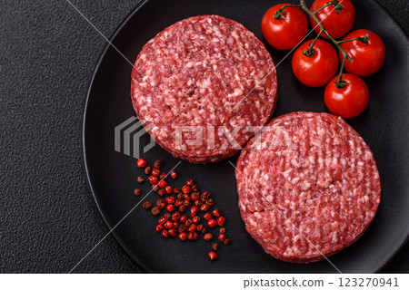Fresh raw ground beef burger patty with salt and spices Fresh raw ground beef burger patty with salt and spices 123270941