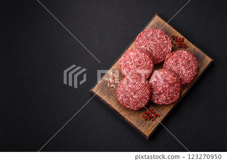 Fresh raw ground beef burger patty with salt and spices Fresh raw ground beef burger patty with salt and spices 123270950