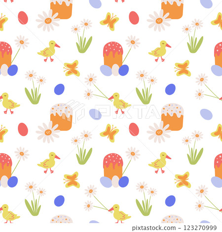 Seamless Easter pattern, cute story with chamomile flowers, cakes, colored eggs, butterflies and ducks. A print for holiday textiles, children clothing, wrapping paper, and covers. Seamless Easter pattern, cute story with chamomile flowers, cakes, colored eggs, butterflies and ducks. A print for holiday textiles, children clothing, wrapping paper, and covers. 123270999