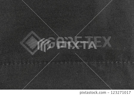 Kyiv, Ukraine, - July 8, 2023 Gore-tex technology. Jacket tissue membrane. Breathable fabric. Kyiv, Ukraine, - July 8, 2023 Gore-tex technology. Jacket tissue membrane. Breathable fabric. 123271017