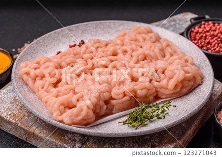 Raw minced chicken with salt, spices and herbs Raw minced chicken with salt, spices and herbs 123271043