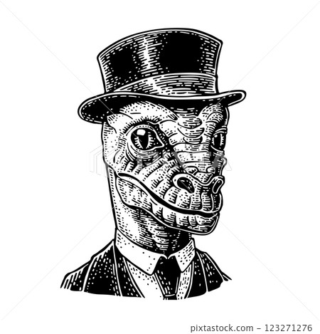 Reptilian dressed in a hat, suit, waistcoat. Vector engraving 123271276