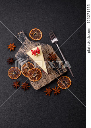 Piece of sweet layered cheesecake with cherries and poppy seeds Piece of sweet layered cheesecake with cherries and poppy seeds 123271333