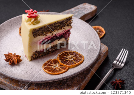 Piece of sweet layered cheesecake with cherries and poppy seeds 123271340