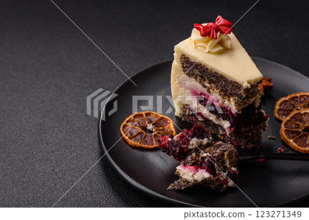 Piece of sweet layered cheesecake with cherries and poppy seeds Piece of sweet layered cheesecake with cherries and poppy seeds 123271349