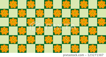 Seamless pattern with orange meadow flowers, on checked light green and green, doodle style vector 123271387