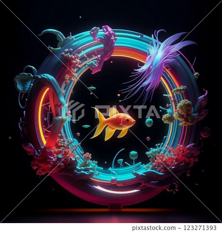 Fish in neon color. Beautiful fauna of the aukarium world. Fish in neon style. 123271393
