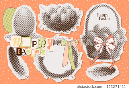 Vintage collage halftone stickers of eggs in basket, nest with and bird feathers and branch wreath for Happy Easter vintage design. Vector dotted zine illustration. Vintage collage halftone stickers of eggs in basket, nest with and bird feathers and branch wreath for Happy Easter vintage design. Vector dotted zine illustration. 123271411