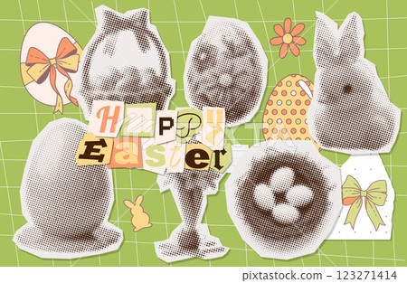 Happy Easter concept sticker template design set with bunny rabbit retro lettering text vintage halftone grunge punk dotted texture. Torn put paper collage element for card black dots pop art style Happy Easter concept sticker template design set with bunny rabbit retro lettering text vintage halftone grunge punk dotted texture. Torn put paper collage element for card black dots pop art style 123271414