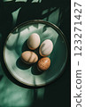 AI-Generated Still Life illustration of Organic Eggs on a Ceramic Plate with Natural Shadows 123271427